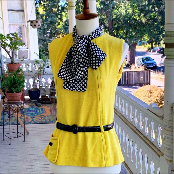 Vintage Tops - Vintage 60s Carlette Lemon Yellow Belted Shell Top